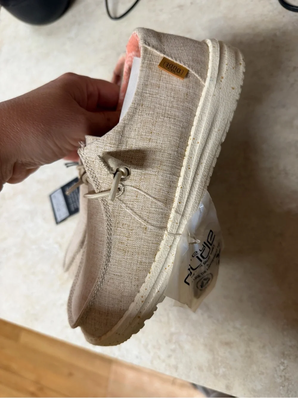 Hey Dude Kids Slip-On Sneakers in Beige with Coral Lining